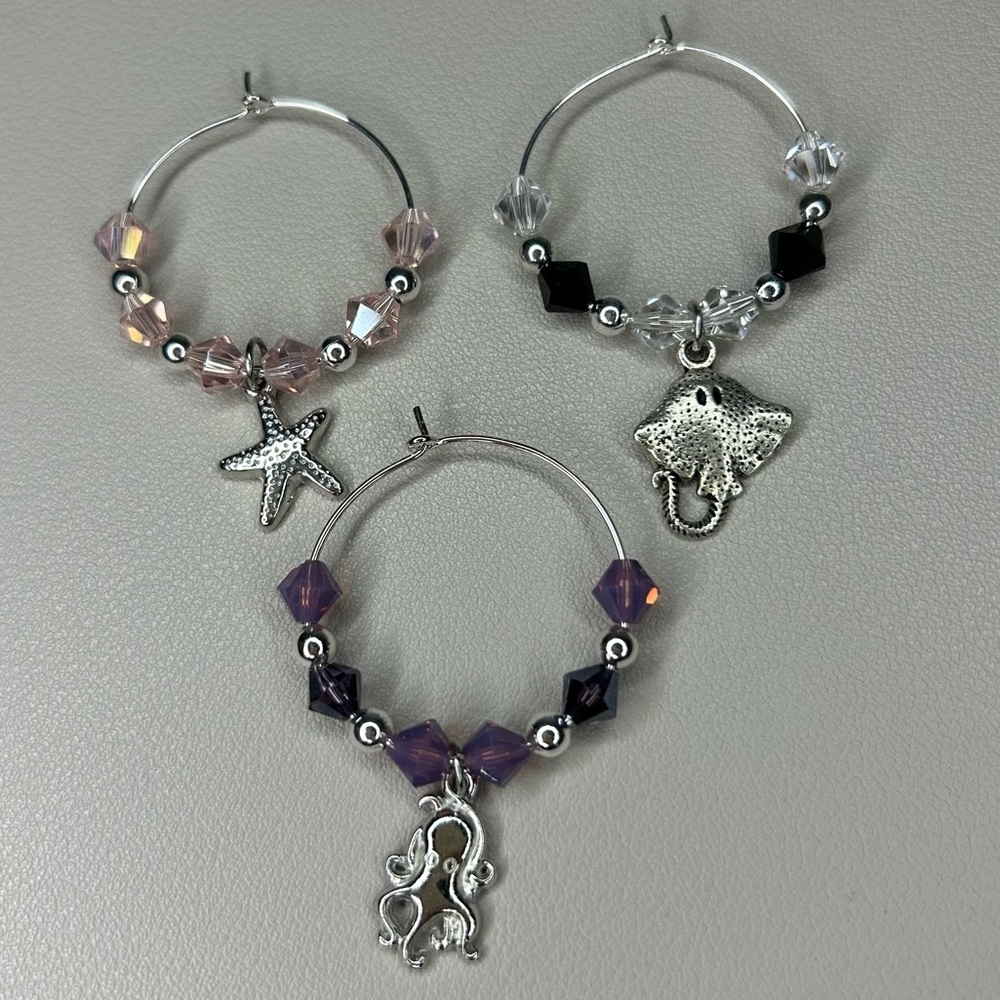 Handmade Starfish Stingray & Squid Wine Charms (3)